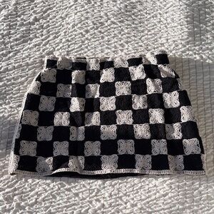 Mango Black & White Crochet Checkerboard Mini Skirt